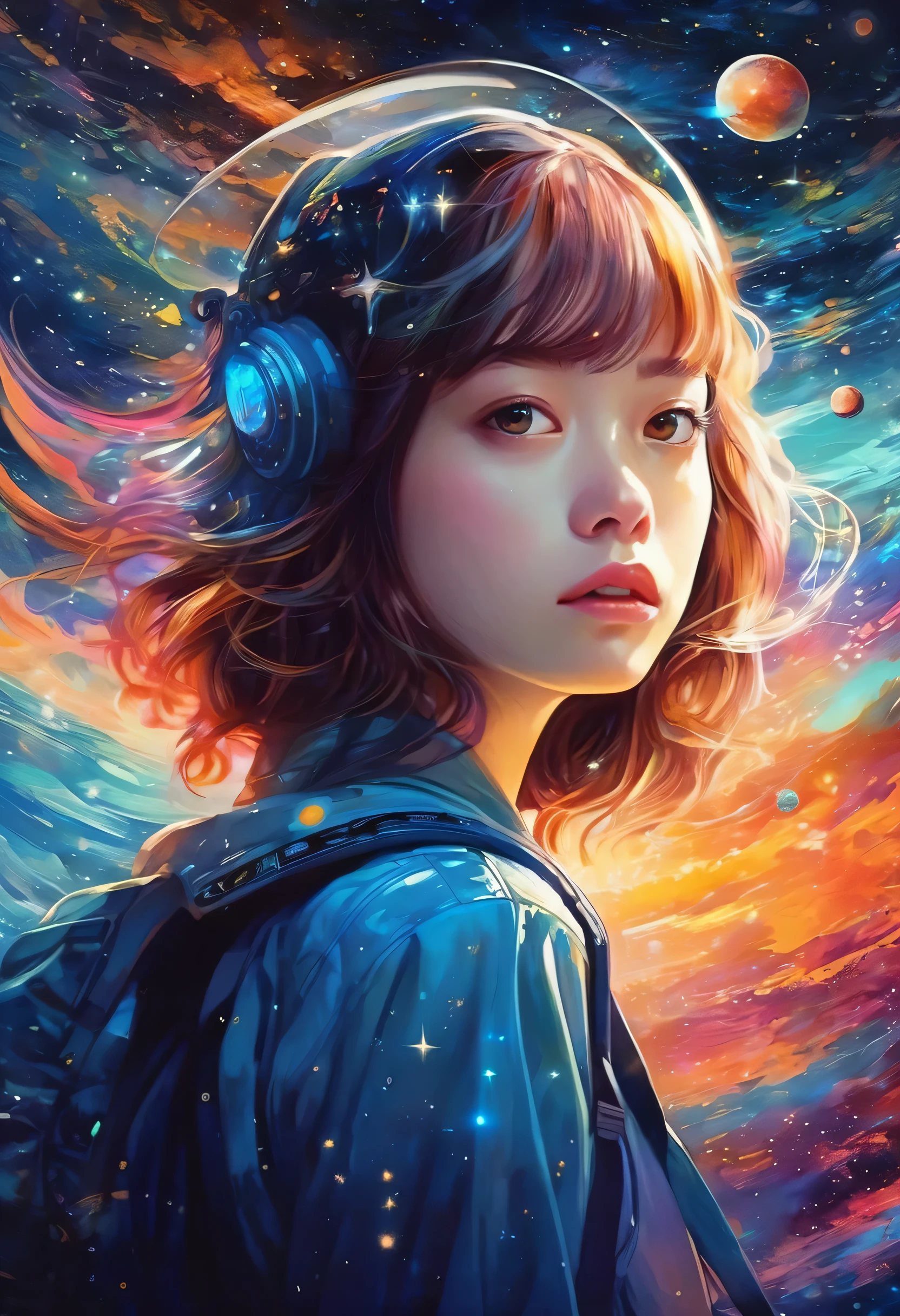 Girl with wings on her back、Girl flying in space、A girl flying in the Starry Sky、Beautiful face girl、Farbe々なFarbeの星の光、diego gisbert lawrence、Joe San Gonzalez Dan Mumford、Picture book illustrations、Psychedelic Art、Starry Sky、nebula、vague、superwide shot、Highest quality、Ultra-detailed、Intensive、Golden ratio composition、Kanna Hashimoto