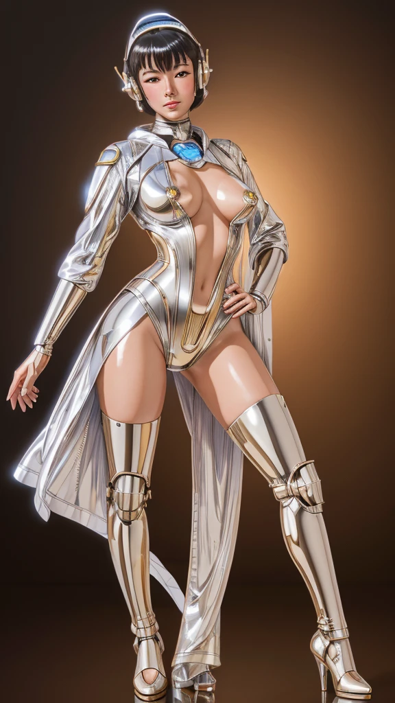 (masterpiece, best quality, semi-realistic, ultra-high resolution) A beautiful Eurasian 22 years old mech-girl, glossy and shinny skins, in a glittering steampunk suit, Hajime Sorayama art style, with a blush face, Vintage style, vintage cinematic lighting, showa era, 80's japan