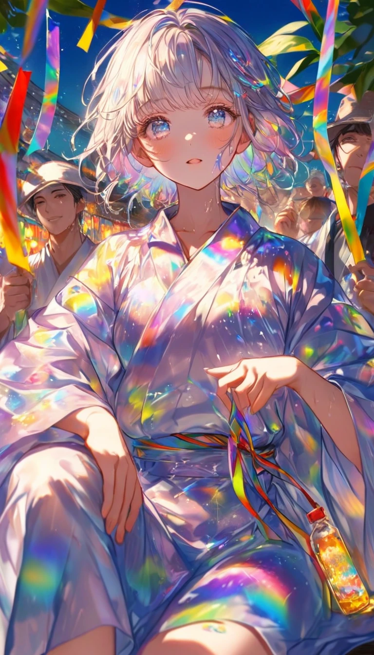 Tanabata、Strip、Bamboo leaf、Stripに願いをこめて、Stripを持っている、Grilling in a yukata,fluid,Particles of light, dream-like,Sparkling,dream-like glow,Paint drips,oil,strong stroke,Paint drips,Splash Paint Drop, oil,(Abstract:1.2)A girl and a boy made up of(Tanabataライトトレース:1.25),Change to (Radioluminescence light tracking) スタイルTanabata,They are Orihime and Hikoboshi(Cowboy Shot,Above Knee Portrait:1.25),Temple Fair,Summer festival,Shining in rainbow colors、16K, Ultra-high resolution, to be born,wonderful ,future、Iridescent、The world 30 years from now。