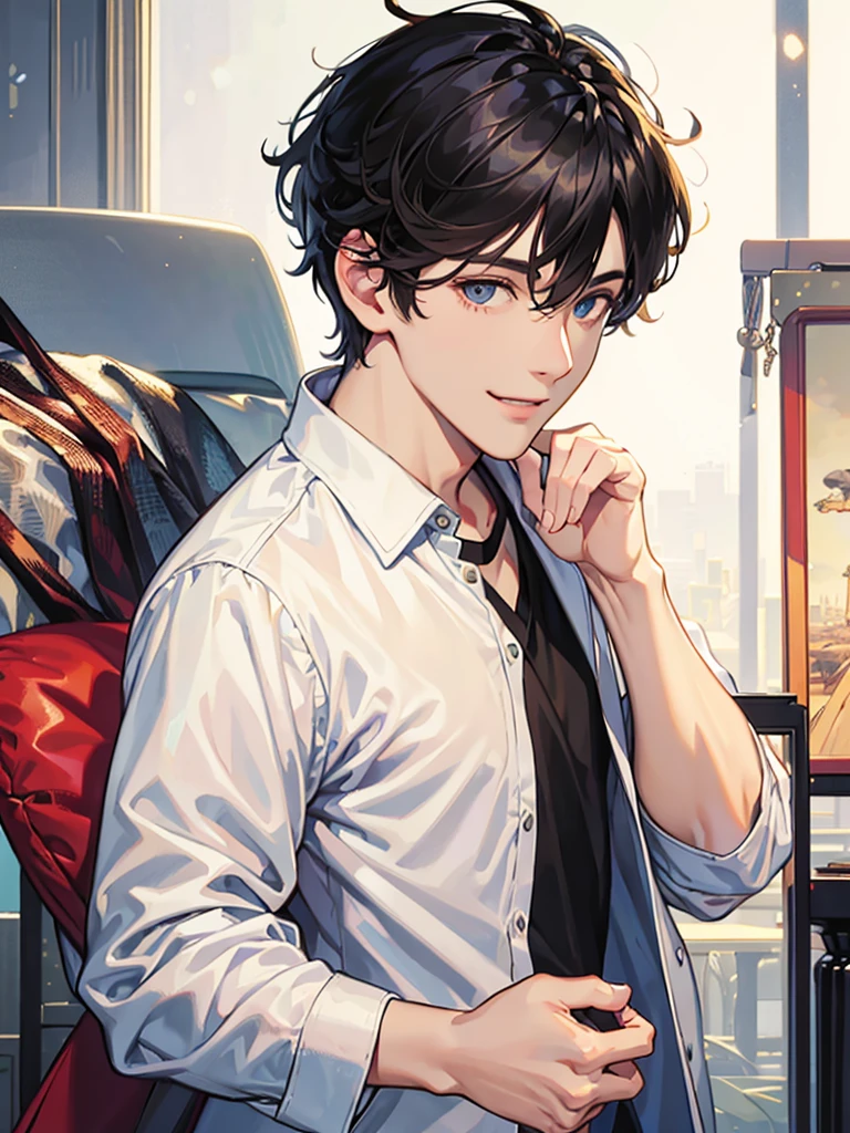 A kind smile, One white guy, Portrait from chest up, Very short black hair, Old man in clothes, Please open your eyes a little, Male hand,Man's face,Male eyebrows, Male Eyes, Sharp Nose ,Long Nose, Slicked back with wax, Black butler uniform, Iris, walking , A kind smile, Reminiscent of a novel cover, Dramatic lighting, Emphasize the contrast between light and shadow, (Official Art, Highest quality、unity 8k wallpaper、32k、masterpiece、Very detailed, grab your hair with your hands, Cinema Lighting, Isekai Tensei, anime,Beautiful light shining through the window, sense of cleanliness,