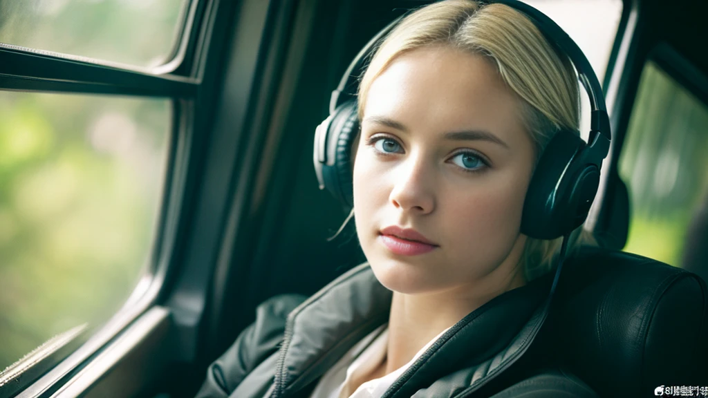 Beautiful blonde with big breasts in black mode casual (wilderness、sit),Wearing headphones,Very detailed, 21 years old, Innocent face, Bob Hair, blue eyes, High resolution, masterpiece, Highest quality, Intricate details, Very detailed, Clear focus, Delicate skin, practical skin texture, texture, Delicate eyes, Professional, 4K, Sad face,despair、 Shot with Canon, 85mm, Shallow and deep, Kodak Vision Color, Exactly, Very detailed, photograph_\(Extremist\), photographpractical, practical, Post-processing, Maximum details, Roughness, Real Life, Extremist practical, Photorealism, photographgraphy, 8K Ultra HD, photographgraphy