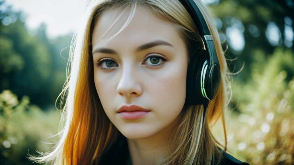 Beautiful blonde with big breasts in black mode casual (wilderness、sit),Wearing headphones,Very detailed, 21 years old, Innocent face, Bob Hair, blue eyes, High resolution, masterpiece, Highest quality, Intricate details, Very detailed, Clear focus, Delicate skin, practical skin texture, texture, Delicate eyes, Professional, 4K, Sad face,despair、 Shot with Canon, 85mm, Shallow and deep, Kodak Vision Color, Exactly, Very detailed, photograph_\(Extremist\), photographpractical, practical, Post-processing, Maximum details, Roughness, Real Life, Extremist practical, Photorealism, photographgraphy, 8K Ultra HD, photographgraphy