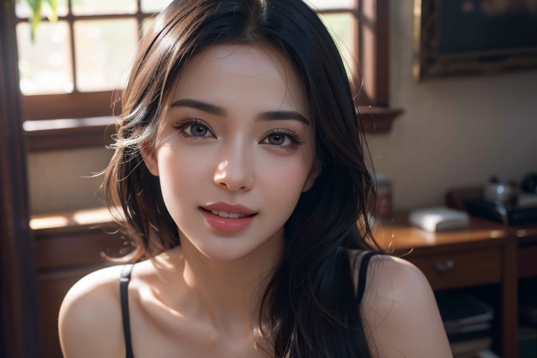 best quality, masterpiece, ultra high res, photorealistic, 1girl, offshoulder, smile