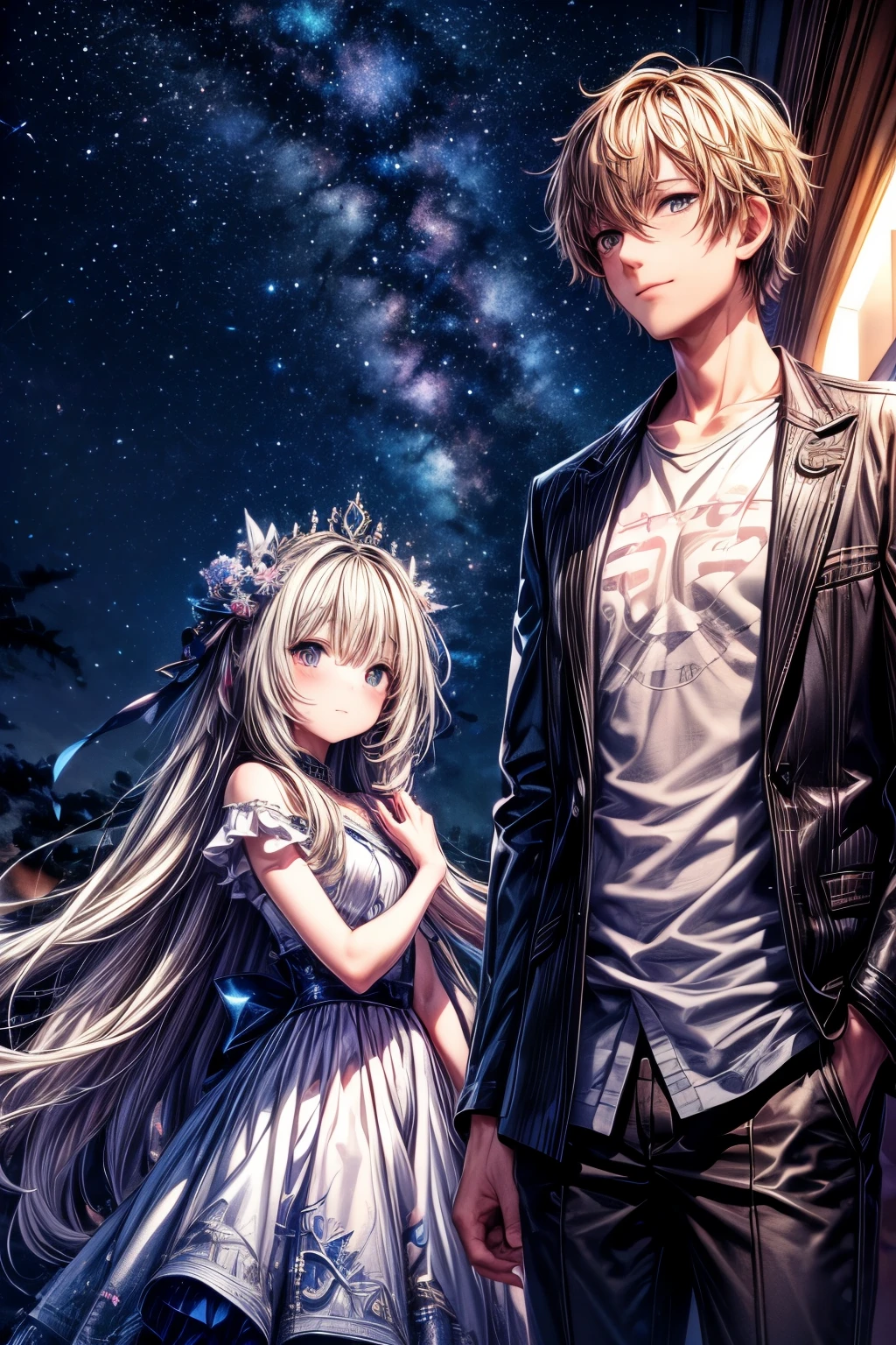 masterpiece, best quality, extremely detailed CG unity 8k wallpaper, 1 couple, Looking up at the night sky, Tanabata,