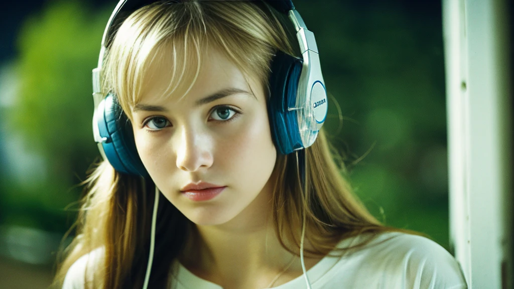 Beautiful blonde with big breasts in a T-shirt (Late night wilderness、walk),Wearing headphones,Very detailed, 21 years old, Innocent face, Long Straight Hair, blue eyes, High resolution, masterpiece, Highest quality, Intricate details, Very detailed, Clear focus, Delicate skin, practical skin texture, texture, Delicate eyes, Professional, 4K, Sad face,despair、 Shot with Canon, 85mm, Shallow and deep, Kodak Vision Color, Exactly, Very detailed, photograph_\(Extremist\), photographpractical, practical, Post-processing, Maximum details, Roughness, Real Life, Extremist practical, Photorealism, photographgraphy, 8K Ultra HD, photographgraphy