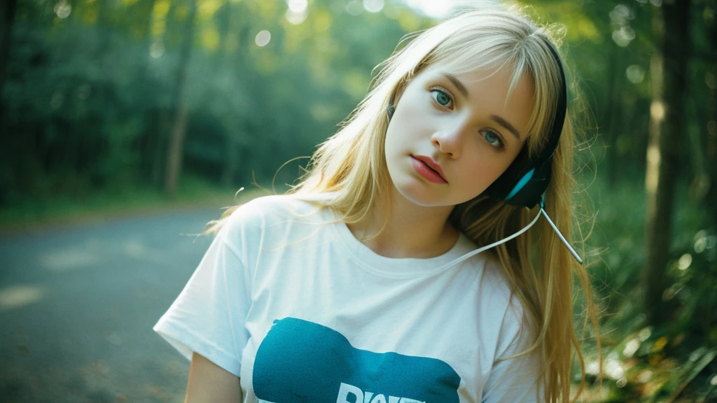 Beautiful blonde with big breasts in a T-shirt (Late night wilderness、walk),Wearing headphones,Very detailed, 21 years old, Innocent face, Long Straight Hair, blue eyes, High resolution, masterpiece, Highest quality, Intricate details, Very detailed, Clear focus, Delicate skin, practical skin texture, texture, Delicate eyes, Professional, 4K, Sad face,despair、 Shot with Canon, 85mm, Shallow and deep, Kodak Vision Color, Exactly, Very detailed, photograph_\(Extremist\), photographpractical, practical, Post-processing, Maximum details, Roughness, Real Life, Extremist practical, Photorealism, photographgraphy, 8K Ultra HD, photographgraphy