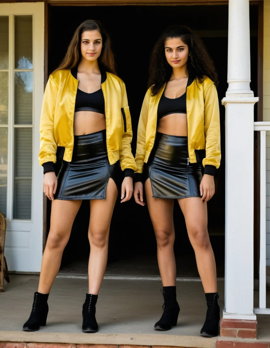 photo realistic , three 21 year old egyptian women, full body in frame, smirking, full body image, two tone yellow and black satin bomber jackets fully zipped, , satin cheerleader skirts, with pistols guns on holster, walking up to a front porch in a rural neighborhood,, long hair, evening lighting.