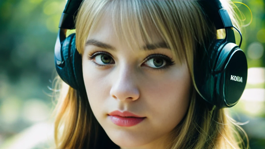 Beautiful blonde with big breasts in black mode casual (wilderness、sit),Wearing headphones,Very detailed, 21 years old, Innocent face, Wavy Hair, blue eyes, High resolution, masterpiece, Highest quality, Intricate details, Very detailed, Clear focus, Delicate skin, practical skin texture, texture, Delicate eyes, Professional, 4K, Sad face,despair、 Shot with Canon, 85mm, Shallow and deep,  Kodak Vision Color, Exactly, Very detailed, photograph_\(Extremist\), photographpractical, practical, Post-processing, Maximum details, Roughness, Real Life, Extremist practical, Photorealism, photographgraphy, 8K Ultra HD, photographgraphy