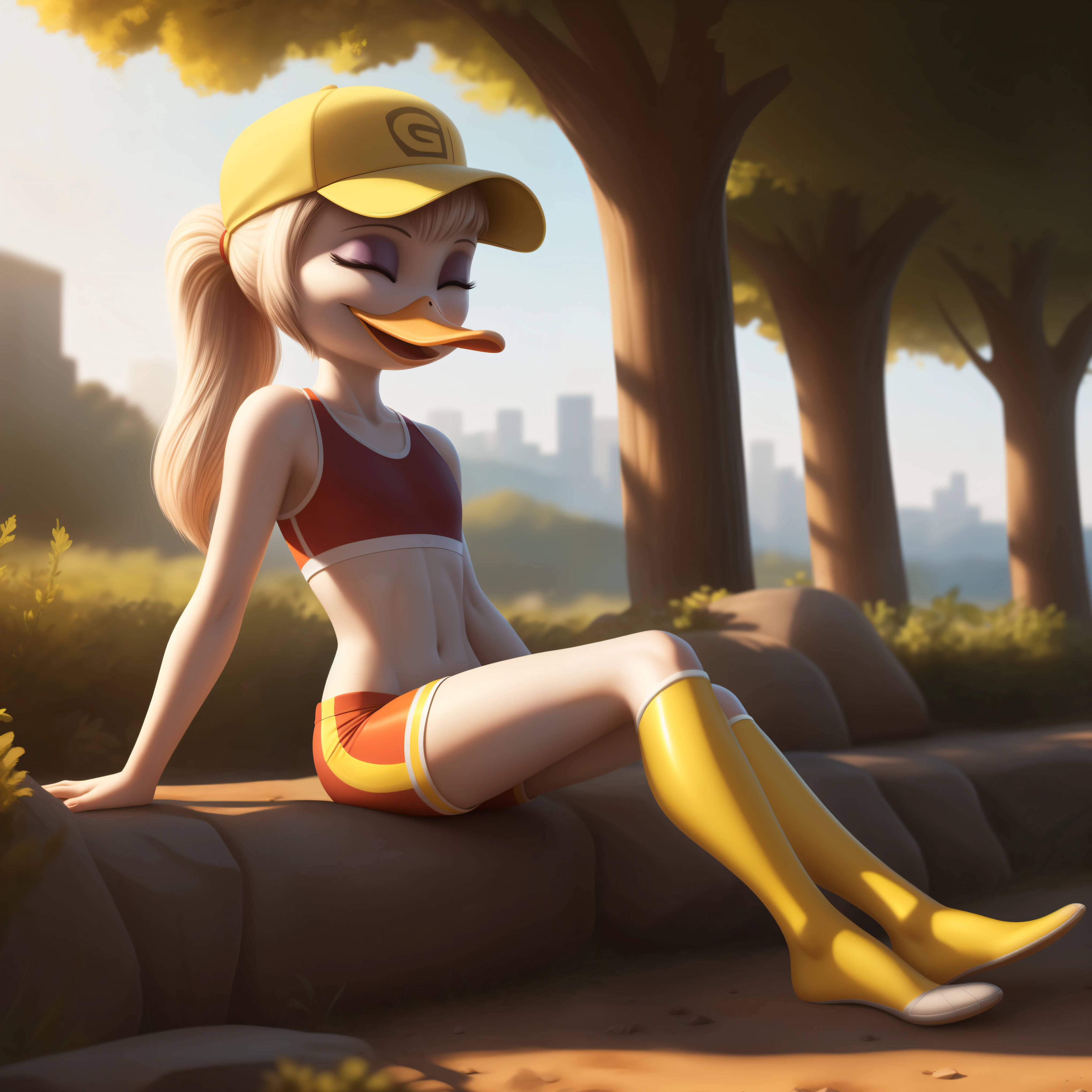 photorealism, adult female duck, Ginger Duck, detailed background, cartoon, outside, eyeshadow, cartoon beak, front long white hairstyle, back long white ponytail hairstyle, cartoon, (flat chested), (cartoon yellow legs: 1.5), happy, smiling, ducktales 2017, mouth closed, cartoon webbed feet
wear yellow sports bra, skinny yellow shorts, intricate, detailed, wears red and yellow cap hat, (sitting while showing her torso)
Eyes closed, detailed, intricate, (long skinny torso 1.3),
Best quality, (detailed white skin:1.4), (looking at the, 8k hd, (soft cinematic light:1.1) ,