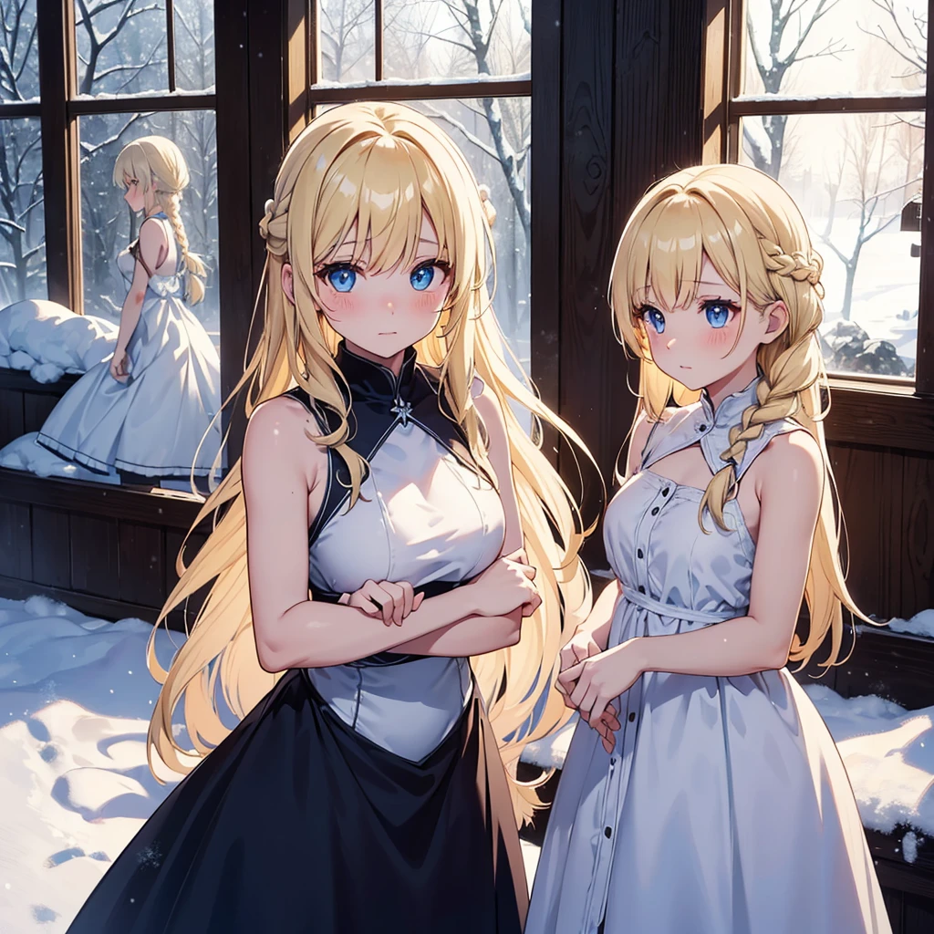 a group of beautiful witch girls in the middle of a forest in the night,snowy forest, snow, blonde hair, dress, long hair, blue eyes, white dress, braid, window, indoors, bangs, blush, sleeveless, breasts, bare shoulders, sleeveless dress, blurry