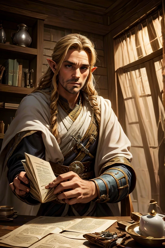 magical bracers, a large curved blade, hair braided, A sword is on the table in front of him, a 40-year-old Male Elf is sitting behind a table filled with papers and open books the background an office or a library with lots of papers and maps on the wall. He is wearing a Taoist cleric robe. There is a sword on the table.