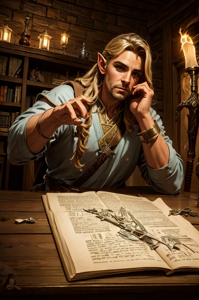 magical bracers, a large curved blade, hair braided, A sword is on the table in front of him, a 40-year-old Male Elf is sitting behind a table filled with papers and open books the background an office or a library with lots of papers and maps on the wall. He is wearing a Taoist cleric robe. There is a sword on the table.
