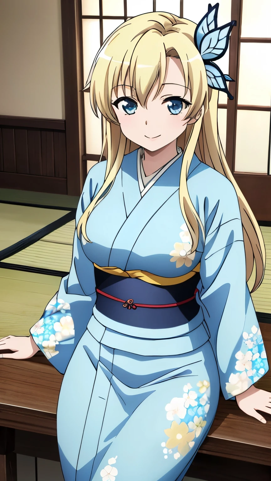 (masterpiece, best quality, 8k:1.2), (anime), sena, long hair, hair ornament, glamour, Large medium breasts, (Japanese clothing, light blue kimono, long sleeves, floral print, sash, indoors, smiling), dynamic angle
