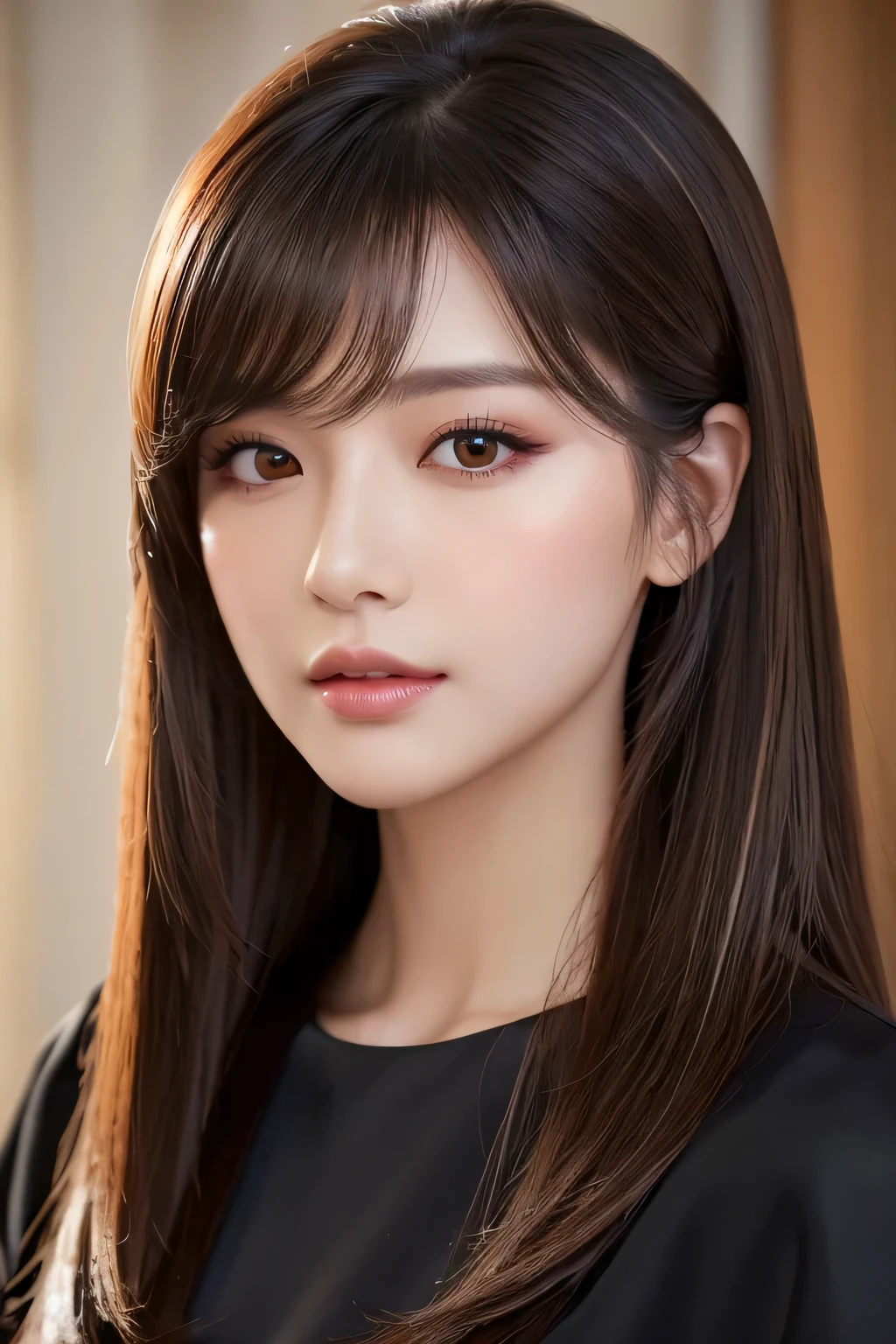(K UHD、Hmph、Highest quality、masterpiece:1.2)、(Realistic、Photorealistic:1.37)、elegant hairstyle portrait。her hair is long and smooth.、rich black color。compensate: lip and soft brown eyeshadow、Highlights an elegant and sophisticated impression。wearing a feminine dress。