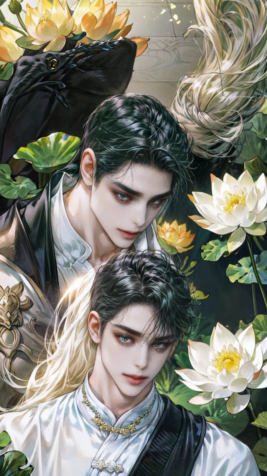 extraordinarily beautiful youth, a bright, innocent smile,All green clothing,(absurdres, highres, ultra detailed, HDR), masterpiece, best quality, (1 boy) , maleficent movie, boy character ,((Thick black long hair)),beautiful face,detailed interior, detailed character,((man)),(lotus Flowers), black hair,he smile,(white lotus),The Scum Villain's Self-Saving System,1man,the house of ancient China , pure white lotus,beautiful and cute man ,(long black hair),black eyes,((solo man)),(he has a Big eyes, charming lips, slim nose and small face),(slim figures and no muscle),thin boy,slime body, slime  figure 