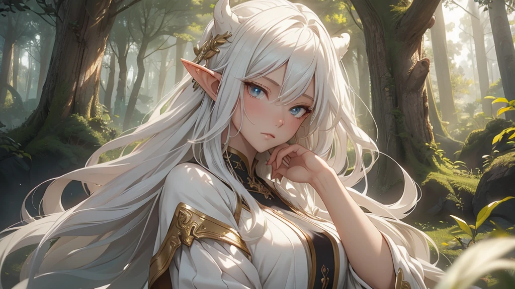 1 girl, Beautiful girl, White hair, "Elf with a captivating look, unearthly beauty, flowing golden hair, pointed ears, dressed in elaborate elven attire, surrounded by a mystical forest, soft sunlight, breaking through lush greenery.", Asian skin tone, Beautiful eyes, beautiful asian face, , long hair, masterpiece, , realistic hair, a lot of hair, White hair, depth of field, point of interest, depth of field is masterpiece, best photography composition masterpiece,  rule of third masterpiece photography, daylight, photography masterpiece daylight from side, realistic skin texture, strong reflection, ( pose pinterest) masterpiece beautiful, Devil's Horns, smooth pixel, ray of light, soft light, permission 8k、complex parts、Toned waist、Wide buttocks、Эффект Тиндаллаmasuter piece、top quality、Highest standards、Highest image quality、table、complex parts、A high resolution、depth of field、natural soft light、professional lighting、about, standing, very long hair, cowboy shot, brilliant, brilliant hair, (night:1.2),Dreamy, [[gentle fingers and hands:0.55]::0.85],(detailed fingers),),(emotional),(breathtaking),(main part:1.2) whole body.), (Anime Style), (Super Detailed), (brutal), (uhd, HDR), (8K), (High Resolution: 1.2), (Complex and Beautiful: 1.2)