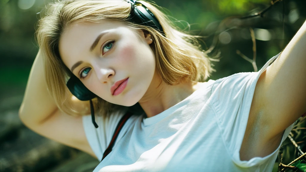 Beautiful blonde with big breasts in a T-shirt (wilderness、walk),Wearing headphones,Very detailed, 21 years old, Innocent face, Bob Hair, blue eyes, High resolution, masterpiece, Highest quality, Intricate details, Very detailed, Clear focus, Delicate skin, practical skin texture, texture, Delicate eyes, Professional, 4K, Sad face,despair、 Shot with Canon, 85mm, Shallow and deep, Kodak Vision Color, Exactly, Very detailed, photograph_\(Extremist\), photographpractical, practical, Post-processing, Maximum details, Roughness, Real Life, Extremist practical, Photorealism, photographgraphy, 8K Ultra HD, photographgraphy