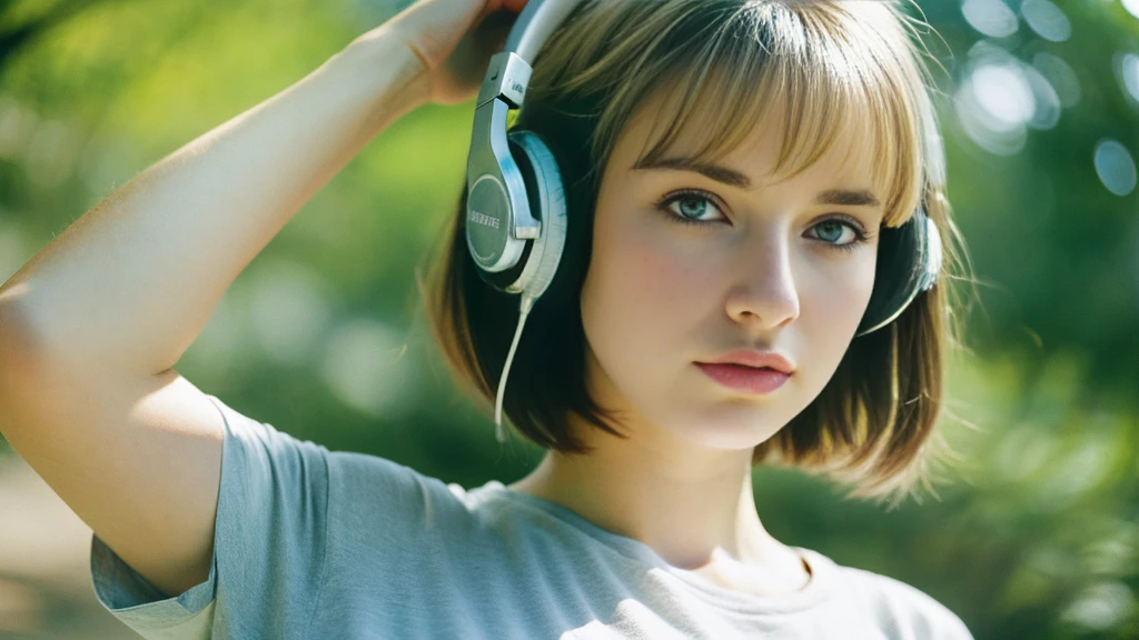 Beautiful blonde with big breasts in a T-shirt (wilderness、walk),Wearing headphones,Very detailed, 21 years old, Innocent face, Bob Hair, blue eyes, High resolution, masterpiece, Highest quality, Intricate details, Very detailed, Clear focus, Delicate skin, practical skin texture, texture, Delicate eyes, Professional, 4K, Sad face,despair、 Shot with Canon, 85mm, Shallow and deep,  Kodak Vision Color, Exactly, Very detailed, photograph_\(Extremist\), photographpractical, practical, Post-processing, Maximum details, Roughness, Real Life, Extremist practical, Photorealism, photographgraphy, 8K Ultra HD, photographgraphy