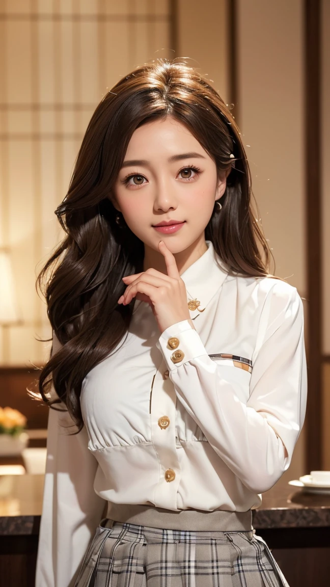((Kumiko Goto:1.3))Beautifully detailed face、Pale skin、Realistic glowing skin、Detailed cloth texture、Detailed hair texture、Perfect body、Beautiful Face、correct、Anatomically correct、 Highly detailed face and skin texture、Natural neck length、(Beautiful Hands)、(Fair skin:1.2)、Thin legs、Thin legs、 break 細かい目元、Symmetrical eyes、Light brown eyes、double eyelid、Thin eyebrows、(Glossy Lips:1.4)、((A kind smile:1.2))、(blush:1.1)、 break (Elegant and pretty girl:1.3)、Medium-sized large breasts、(Slim figure:1.1)、Toned Abs、Beautiful clavicle、 (Dark Blonde、Wavy Hair、Long Hair:1.2)、(Cowboy Shot:1.2)、((Hotel reception background, Blurred Background:1.4)), ((wearing white long sleeve button up blouse,Pleated mini skirt with many checked folds:1.3))、((Place your left hand gently on your chin:1.3))