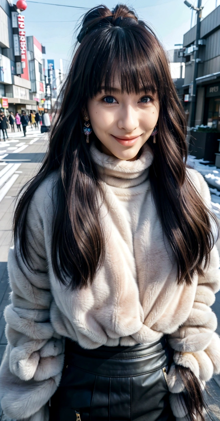 Realistic, eida, long hair, bangs, blue eyes, very long hair, blue hair, pink hair, multicolored hair, earrings, blunt bangs, two-tone hair, streaked hair, beautiful, beautiful woman, perfect body, perfect breasts, wearing a beanie, wearing a winter jacket, wearing a duffle coat, carrying a bag, wearing a watch, wearing earrings, in public, being in Tokyo city, being on the street, snow on the street, it is snowing, looking at the audience, a slight smile, realism, masterpiece, textured leather, super detailed, high detail, high quality, best quality, 1080p, 16k