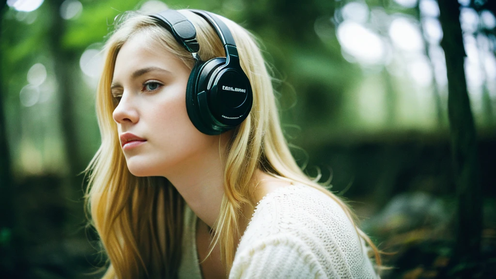 Beautiful blonde with big breasts in black mode casual (wilderness、sit),Wearing headphones,Very detailed, 21 years old, Innocent face, Wavy Hair, blue eyes, High resolution, masterpiece, Highest quality, Intricate details, Very detailed, Clear focus, Delicate skin, practical skin texture, texture, Delicate eyes, Professional, 4K, Sad face,despair、 Shot with Canon, 85mm, Shallow and deep, Kodak Vision Color, Exactly, Very detailed, photograph_\(Extremist\), photographpractical, practical, Post-processing, Maximum details, Roughness, Real Life, Extremist practical, Photorealism, photographgraphy, 8K Ultra HD, photographgraphy