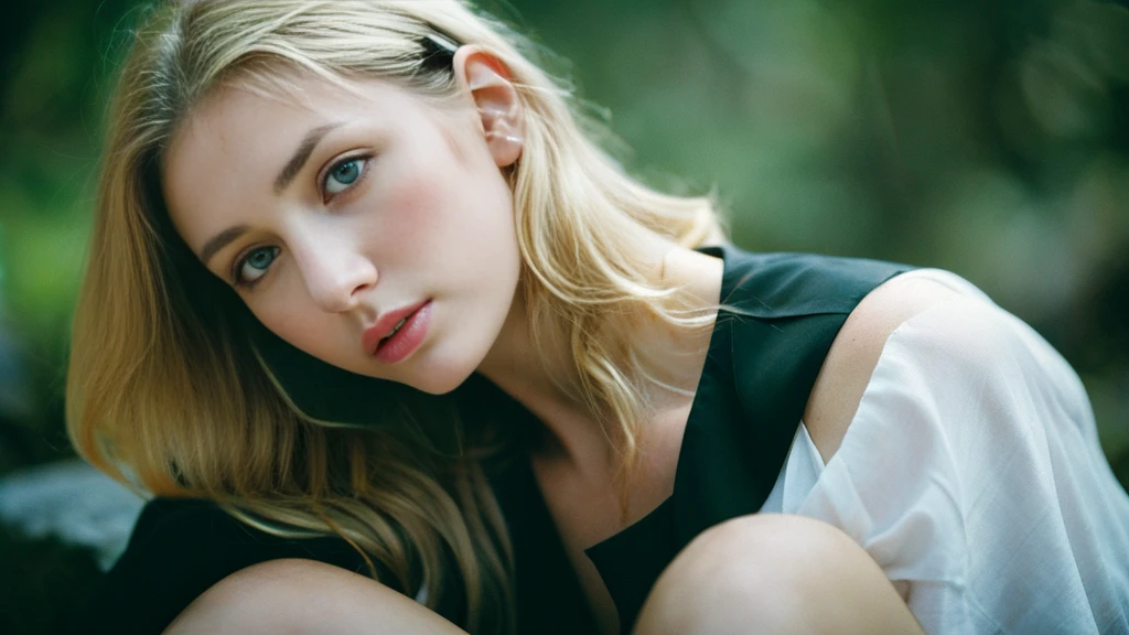 Beautiful blonde with big breasts in black mode casual (wilderness、sit),Wearing headphones,Very detailed, 21 years old, Innocent face, Wavy Hair, blue eyes, High resolution, masterpiece, Highest quality, Intricate details, Very detailed, Clear focus, Delicate skin, practical skin texture, texture, Delicate eyes, Professional, 4K, Sad face,despair、 Shot with Canon, 85mm, Shallow and deep, Kodak Vision Color, Exactly, Very detailed, photograph_\(Extremist\), photographpractical, practical, Post-processing, Maximum details, Roughness, Real Life, Extremist practical, Photorealism, photographgraphy, 8K Ultra HD, photographgraphy