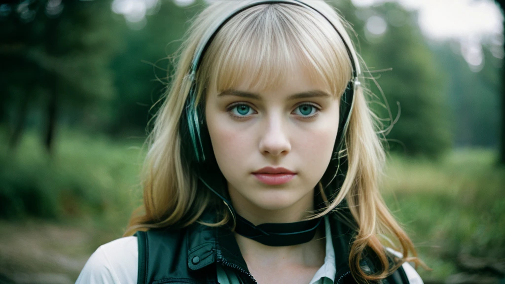 Beautiful blonde with big breasts in black mode casual (wilderness、sit),Wearing headphones,Very detailed, 21 years old, Innocent face, Wavy Hair, blue eyes, High resolution, masterpiece, Highest quality, Intricate details, Very detailed, Clear focus, Delicate skin, practical skin texture, texture, Delicate eyes, Professional, 4K, Sad face,despair、 Shot with Canon, 85mm, Shallow and deep,  Kodak Vision Color, Exactly, Very detailed, photograph_\(Extremist\), photographpractical, practical, Post-processing, Maximum details, Roughness, Real Life, Extremist practical, Photorealism, photographgraphy, 8K Ultra HD, photographgraphy