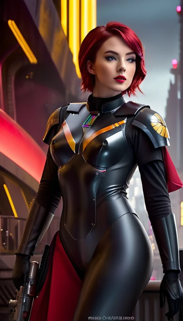beautiful detailed eyes,thin waist,lovely figure,confident expression,tall and slender,redhead,standing in a futuristic city background,looking over her shoulder,
shiny metallic texture,reflection of the city lights on her latex bodysuit,perfectly fitting curves,
imposing imperial officer hat,impressive armor details,commanding presence,
striking contrast between the dark city and her vibrant red hair,
subtle shadows and highlights on her face,dynamic lighting emphasizing her features,
subtle lens flare in the background,adding a touch of sci-fi atmosphere,
vivid colors,enhancing the overall visual impact of the artwork,
meticulous attention to detail,realistically capturing the intricate design of the imperial officer uniform,
allure and seductiveness exuded by her stunning appearance,
capturing the essence of sabine wren, a strong and fierce character from the Star Wars universe,
emphasis on the sensuality and confidence of the woman depicted,
exuding an air of mystery and intrigue,
creating a visually stunning masterpiece that captivates the viewer's attention.