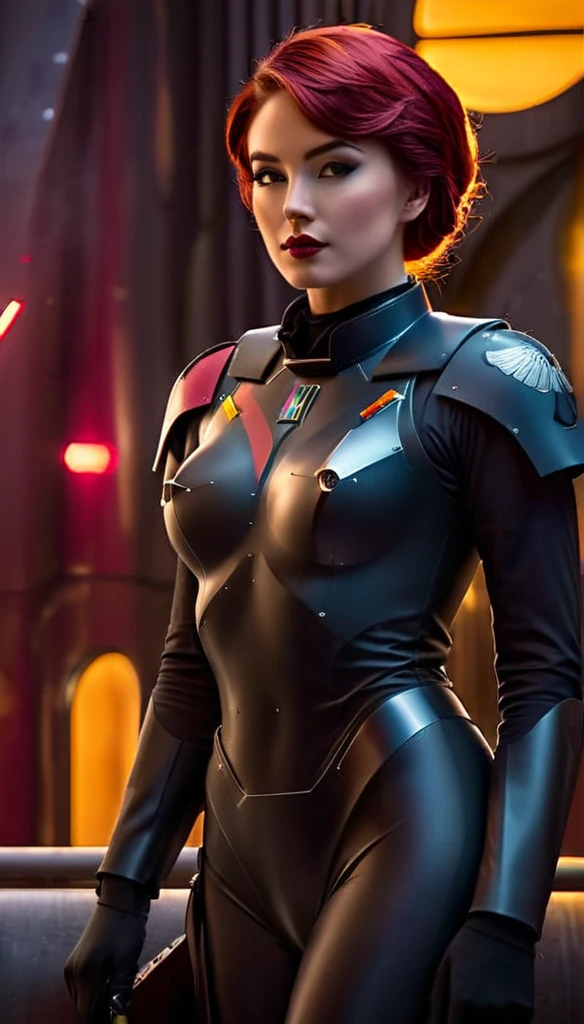 beautiful detailed eyes,thin waist,lovely figure,confident expression,tall and slender,redhead,standing in a futuristic city background,looking over her shoulder,
shiny metallic texture,reflection of the city lights on her latex bodysuit,perfectly fitting curves,
imposing imperial officer hat,impressive armor details,commanding presence,
striking contrast between the dark city and her vibrant red hair,
subtle shadows and highlights on her face,dynamic lighting emphasizing her features,
subtle lens flare in the background,adding a touch of sci-fi atmosphere,
vivid colors,enhancing the overall visual impact of the artwork,
meticulous attention to detail,realistically capturing the intricate design of the imperial officer uniform,
allure and seductiveness exuded by her stunning appearance,
capturing the essence of sabine wren, a strong and fierce character from the Star Wars universe,
emphasis on the sensuality and confidence of the woman depicted,
exuding an air of mystery and intrigue,
creating a visually stunning masterpiece that captivates the viewer's attention.