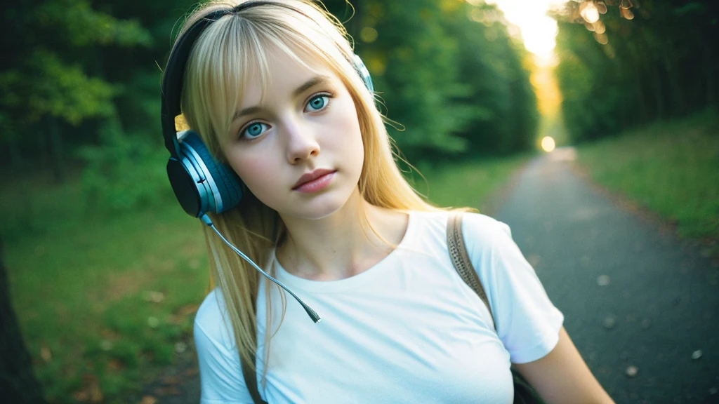 Beautiful blonde with big breasts in a T-shirt (Late night wilderness、walk),Wearing headphones,Very detailed, 21 years old, Innocent face, Long Straight Hair, blue eyes, High resolution, masterpiece, Highest quality, Intricate details, Very detailed, Clear focus, Delicate skin, practical skin texture, texture, Delicate eyes, Professional, 4K, Sad face,despair、 Shot with Canon, 85mm, Shallow and deep,  Kodak Vision Color, Exactly, Very detailed, photograph_\(Extremist\), photographpractical, practical, Post-processing, Maximum details, Roughness, Real Life, Extremist practical, Photorealism, photographgraphy, 8K Ultra HD, photographgraphy