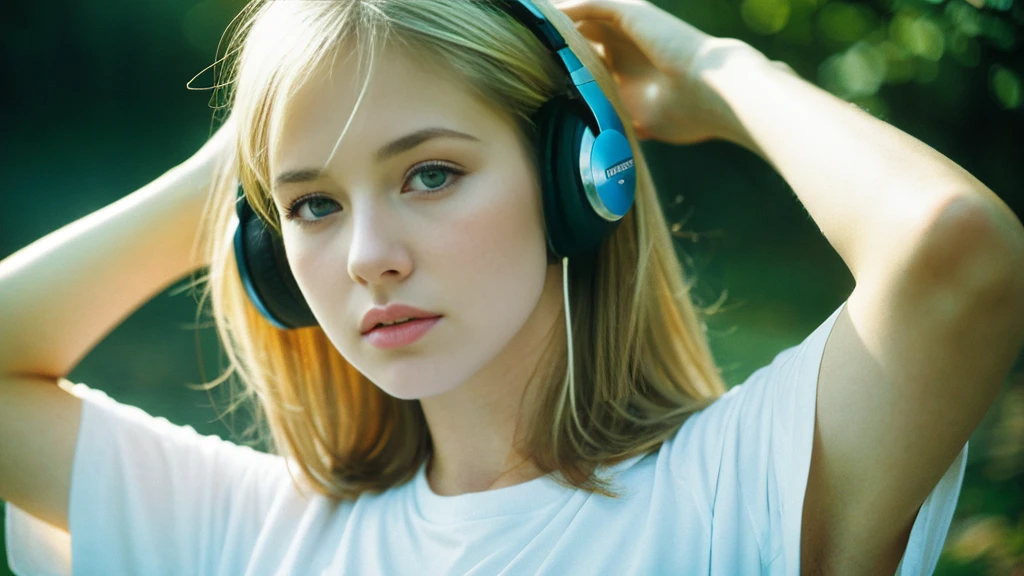 Beautiful blonde with big breasts in a T-shirt (Late night wilderness、walk),Wearing headphones,Very detailed, 21 years old, Innocent face, Long Straight Hair, blue eyes, High resolution, masterpiece, Highest quality, Intricate details, Very detailed, Clear focus, Delicate skin, practical skin texture, texture, Delicate eyes, Professional, 4K, Sad face,despair、 Shot with Canon, 85mm, Shallow and deep, Kodak Vision Color, Exactly, Very detailed, photograph_\(Extremist\), photographpractical, practical, Post-processing, Maximum details, Roughness, Real Life, Extremist practical, Photorealism, photographgraphy, 8K Ultra HD, photographgraphy