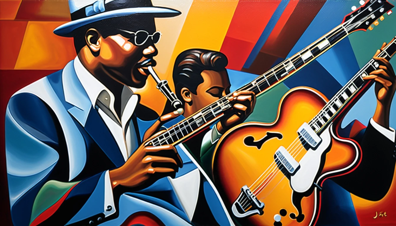 masterpiece, Highest quality, Oil painting, jazz, guitar,
