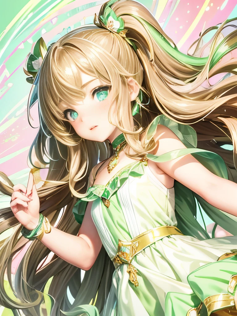 Ultra high definition, Wavy long hair, Brown Hair, One girl, Emerald Eyes, Shake with two fingers, Pink Lips, Pastel Green Dress, Glamorous background, 