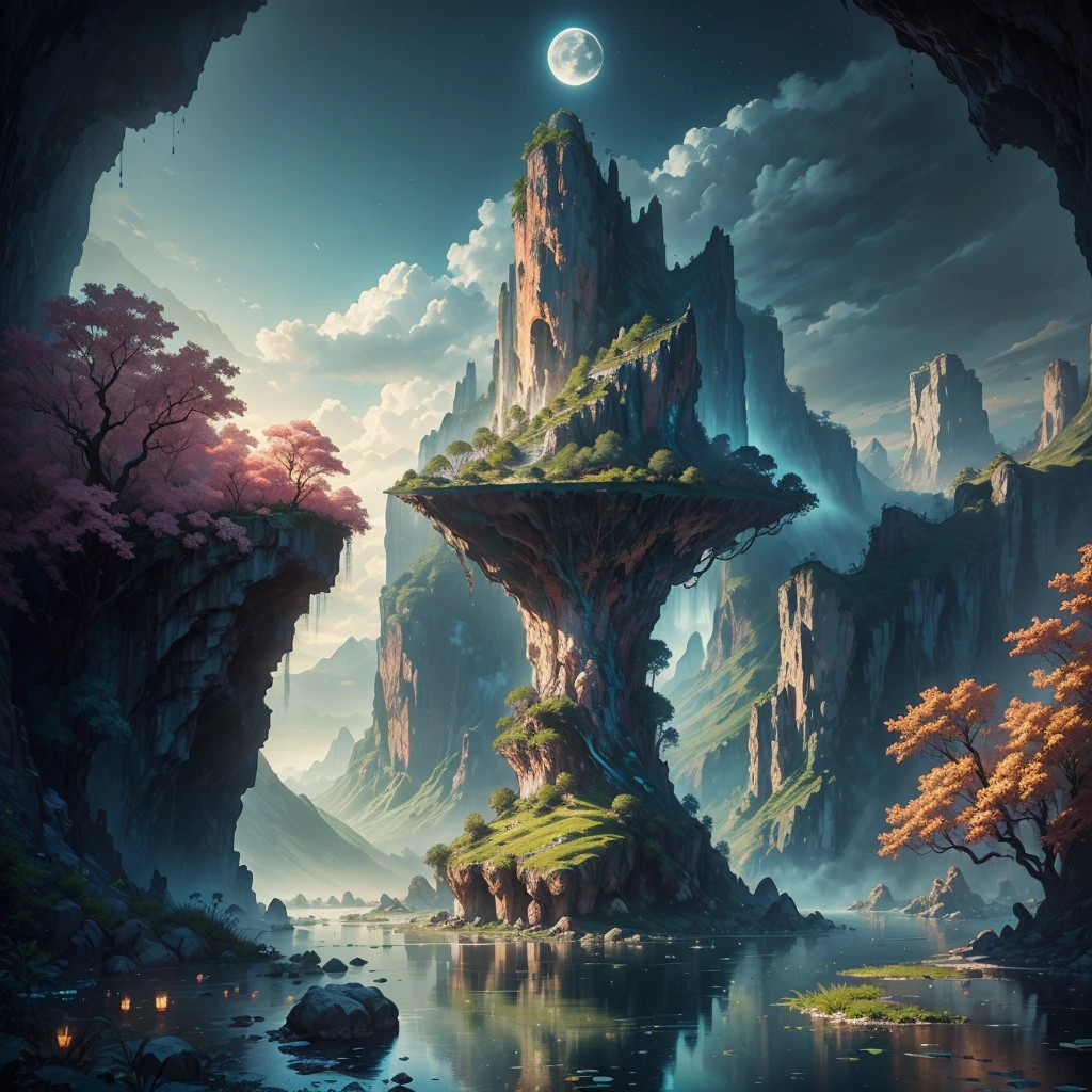 there is a large waterfall in the middle of a mountain, ancient city, epic matte painting of an island, the lost city of atlantis, an aztec city in a island lake, ancient city landscape, lost city of atlantis, marc simonetti. intricate, beautiful concept art, stunning concept art, highly realistic concept art, art style of marc simonetti, (((masterpiece))), best quality, high quality, extremely detailed CG unity 8k wallpaper, scenery, outdoors, sky, cloud, no people, mountain, landscape, water, tree, blue sky, waterfall, cliff, nature, lake, river, cloudy sky,award winning photography, Bokeh, Depth of Field, HDR, bloom, Chromatic Aberration ,Photorealistic,extremely detailed, trending on artstation, trending on CGsociety, Intricate, High Detail, dramatic, art by midjourney, tall waterfall, painting of a river with rocks and trees in the foreground, near a river, landscape, jungle, waterfall, crystal clear water, night light,((full moon)), colorful, river with rocks, rock bridge, epic, fantasy, ((roses and flowers on the banks of the pond)), ((oil painting)), moon landscape reflected in river, ((rock bridge))