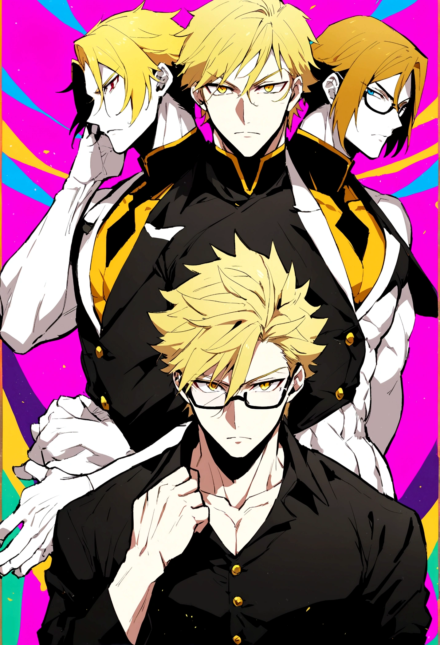 anime, male, short hair, blonde hairs, gold eyes, 180cm, six pack, handsome, white skin, bad boys, wear glasses, mavia, black toksifo
