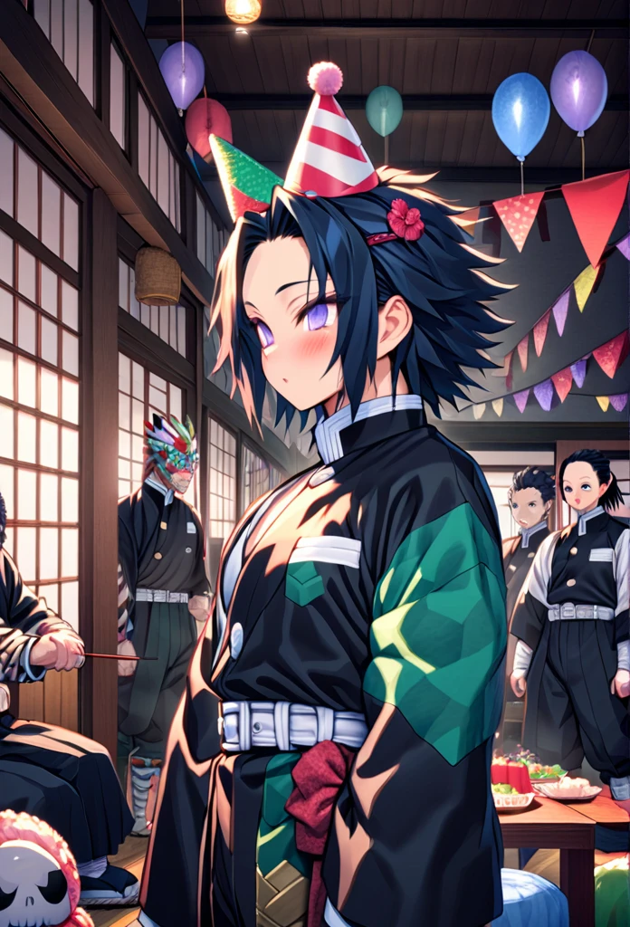 Ultra detailed, high resolution, absurd, HDR, masterpiece, Demon Slayer, Kimetsu no Yaiba, Demon Slayer, Kimetsu no Yaiba, Tomioka Giyuu, Uzui Tengen, Sanemi Shinazugawa, three hashiras, they are wearing birthday party hats, it's someone's birthday, they are inside a Japanese house ,in black demon slayer corps uniform, anime Kimetsu No Yaiba, fantasy, handsome, best quality, extremely detailed face, party
