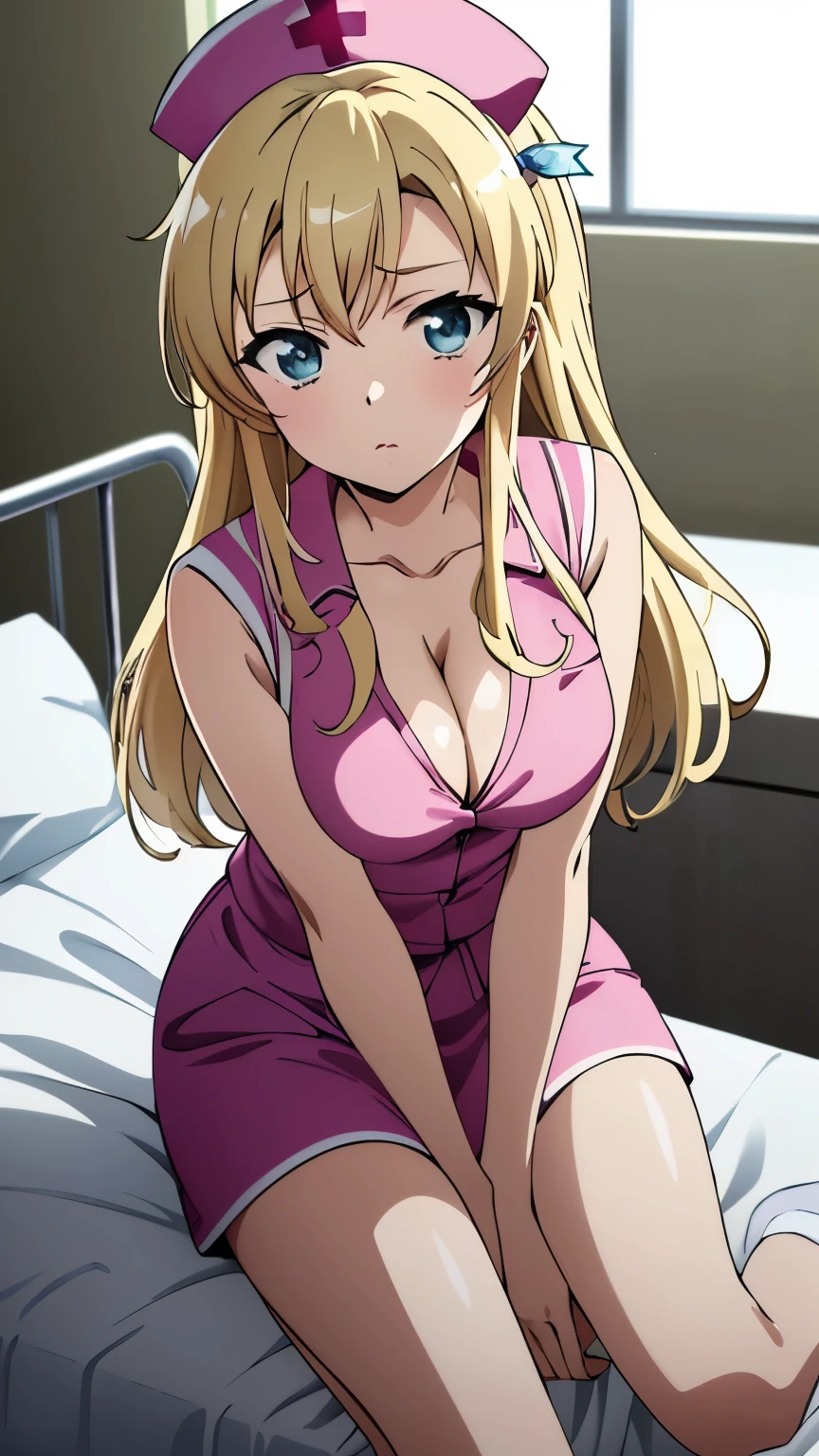 (masterpiece, best quality, 8k:1.2), (anime), sena, long hair, hair ornament, glamour, Large medium breasts, (Nurse uniform, cleavage, nurse hat, sleeveless, short skirt, hospital room, bed), dynamic angle