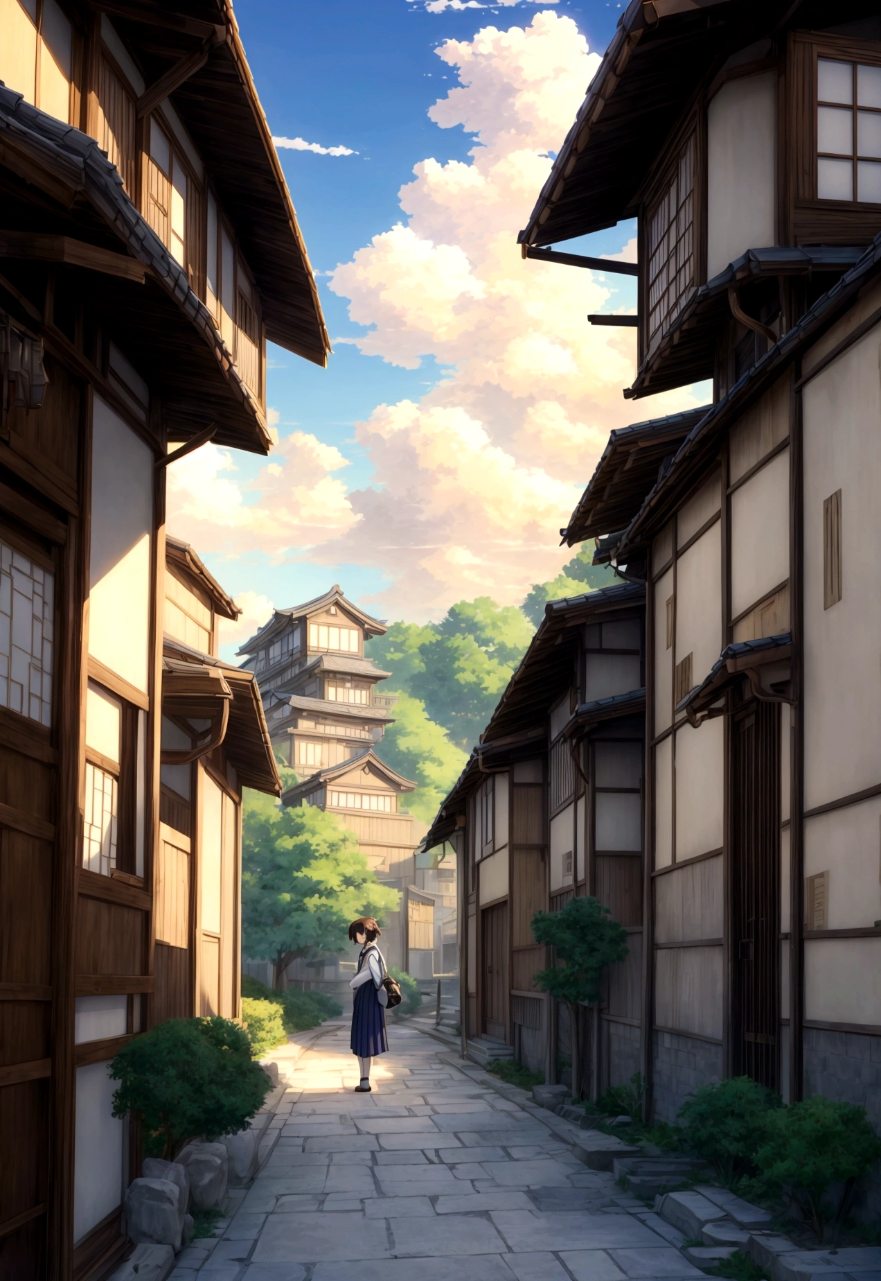 Anime scenery with bench, Japanese anime scenery, Beautiful Japanese anime scenery, Beautiful anime scene, makoto shinkai's style, Anime Background, Old room made of stone, An old lantern and sliced bread are placed on the table, Depict a beautiful cityscape, Beautiful views, The sky and clouds are so beautiful, Street with houses, In the style of Makoto Shinkai, Anime Background Art, Japanese girl, alone,