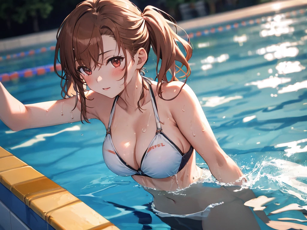 Breaststroke:1.5. Swimming, bikini, Pool, Breaststroke, Twin tails, (masterpiece), highest quality, Misaka Mikoto, 1girl, uhd, retina, masterpiece, ccurate, anatomically correct, textured skin, super detail, high details, high quality, best quality, highres, 4K