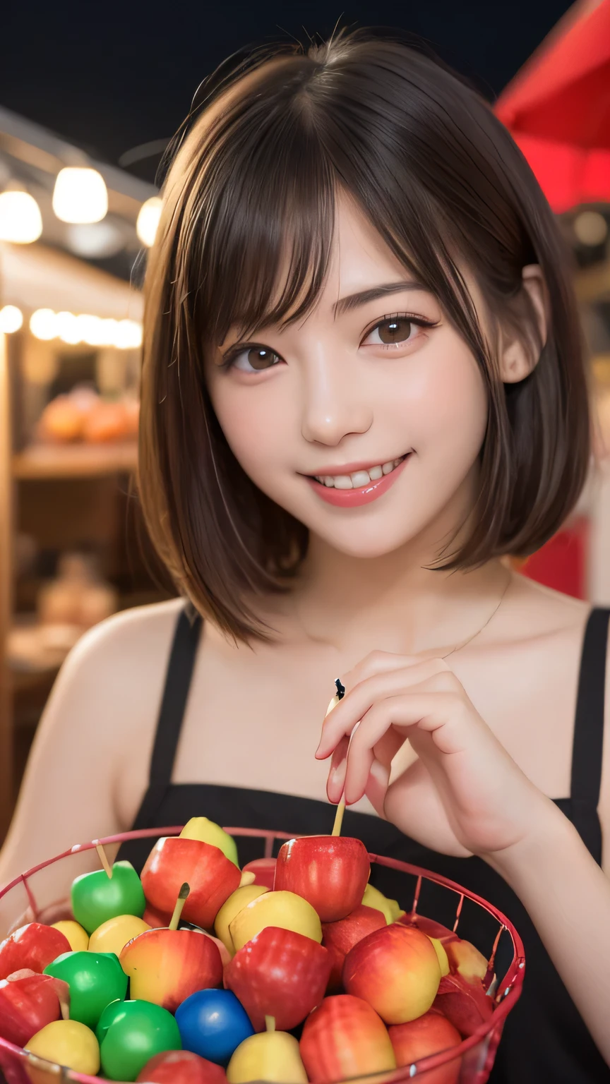 Best picture quality (8K, high resolution, Masterpiece: 1.2), super detailed, 215 Short Hair, 16-year-old woman,
situation: At the candy apple stand、Colorful candy apples lined up。
detailed:
angle: A shot of candy apples lined up、Person choosing candy apples々A close-up look at the。
atmosphere: The expression of joy as she holds the candy apple in her hand、Capture the moment you enjoy the crispy texture。
background: The lights of the food stalls、Colorful candy apples that stand out against the night sky。
, random cute pose ,big eyes ,Puffy eyes , Heart Pupil, blush , huge shy smile , salute