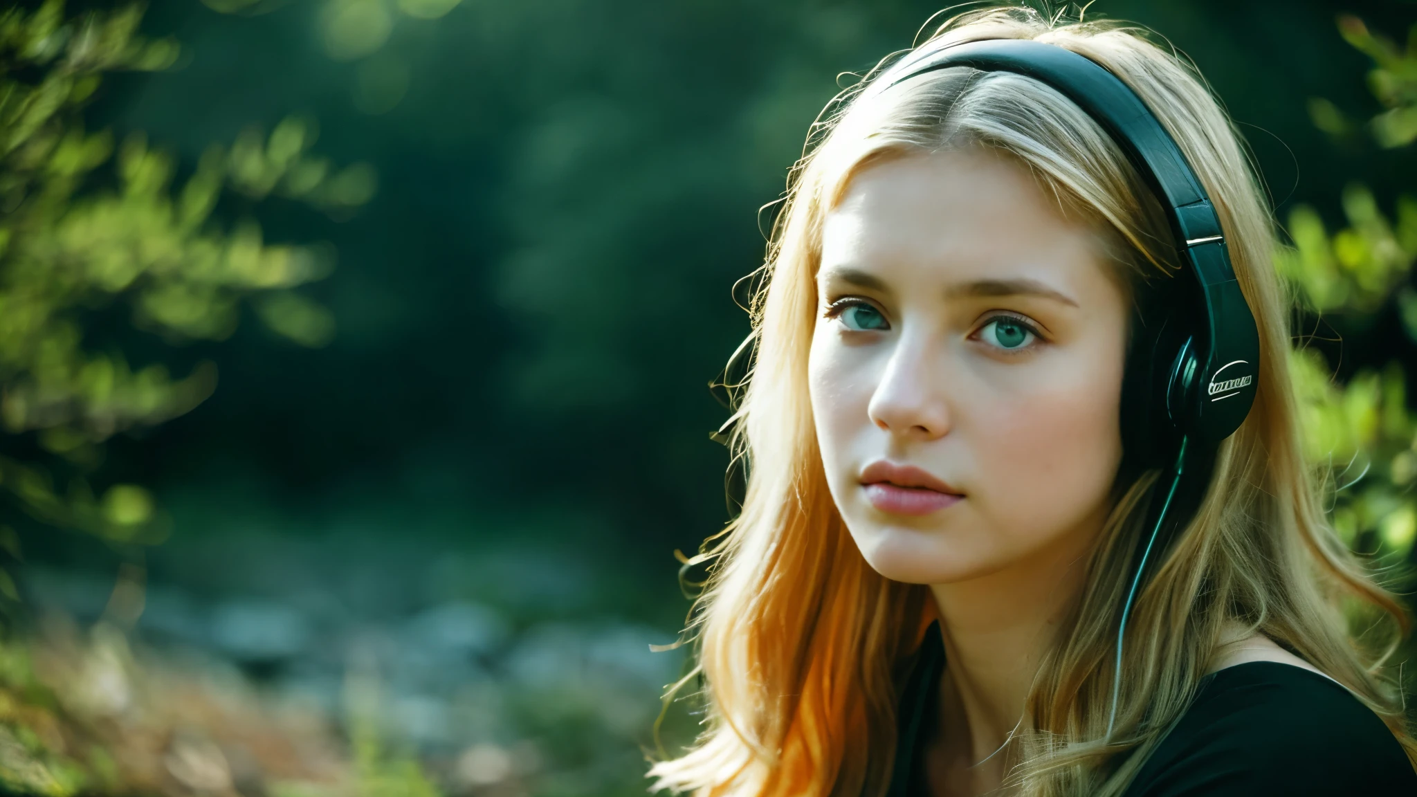 Beautiful blonde with big breasts in black mode casual (wilderness、sit),Wearing headphones,Very detailed, 21 years old, Innocent face, Wavy Hair, blue eyes, High resolution, masterpiece, Highest quality, Intricate details, Very detailed, Clear focus, Delicate skin, practical skin texture, texture, Delicate eyes, Professional, 4K, Sad face,despair、 Shot with Canon, 85mm, Shallow and deep,  Kodak Vision Color, Exactly, Very detailed, photograph_\(Extremist\), photographpractical, practical, Post-processing, Maximum details, Roughness, Real Life, Extremist practical, Photorealism, photographgraphy, 8K Ultra HD, photographgraphy
