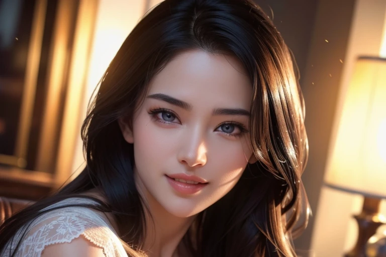 a gorgeous busty woman, beautiful detailed eyes, beautiful detailed lips, extremely detailed face, long eyelashes, lingerie, beautiful detailed smile, beautiful detailed teeth, POV, lover, cinematic dramatic lighting, (best quality,4k,8k,highres,masterpiece:1.2),ultra-detailed,(realistic,photorealistic,photo-realistic:1.37),HDR,UHD,studio lighting,ultra-fine painting,sharp focus,physically-based rendering,extreme detail description,professional,vivid colors,bokeh,portrait,photorealistic,cinematic