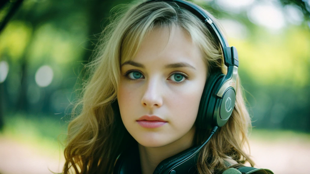 Beautiful blonde with big breasts in black mode casual (wilderness、sit),Wearing headphones,Very detailed, 21 years old, Innocent face, Wavy Hair, blue eyes, High resolution, masterpiece, Highest quality, Intricate details, Very detailed, Clear focus, Delicate skin, practical skin texture, texture, Delicate eyes, Professional, 4K, Sad face,despair、 Shot with Canon, 85mm, Shallow and deep,  Kodak Vision Color, Exactly, Very detailed, photograph_\(Extremist\), photographpractical, practical, Post-processing, Maximum details, Roughness, Real Life, Extremist practical, Photorealism, photographgraphy, 8K Ultra HD, photographgraphy