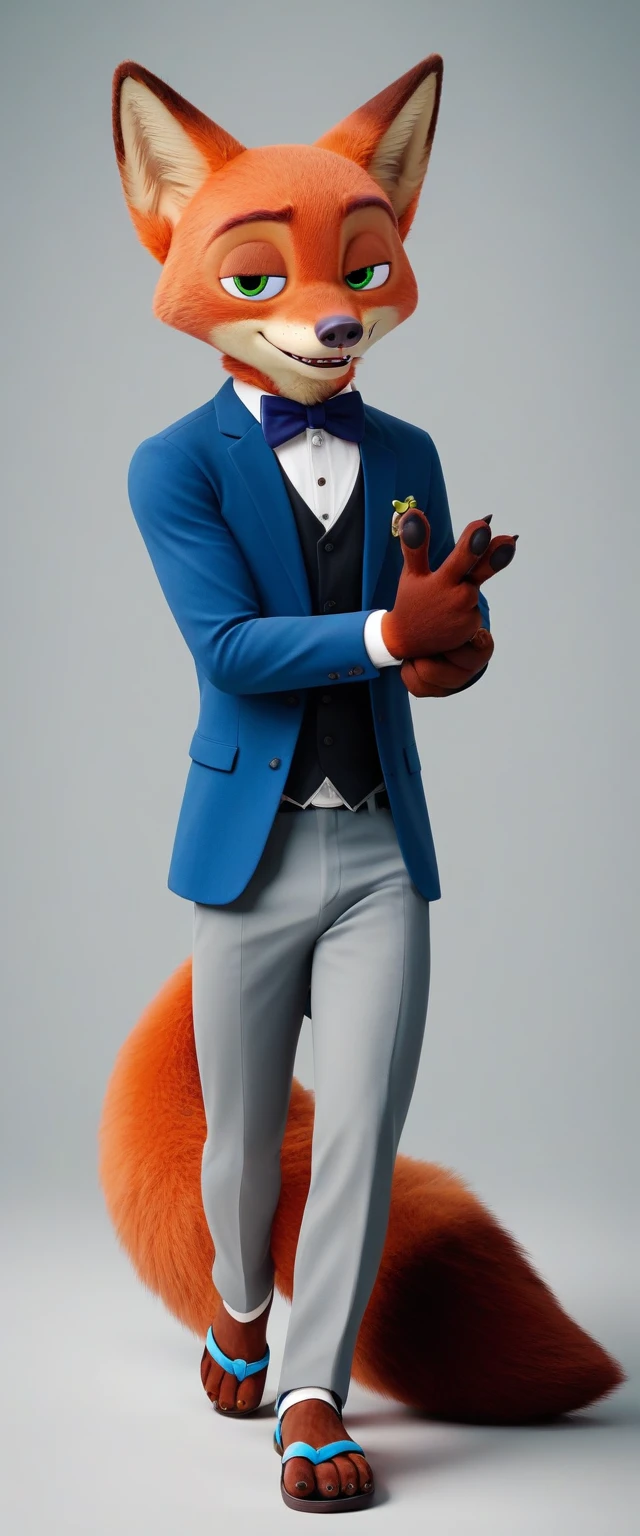 check_9, check_8_up, check_7_up, rating_safe,source_fluffy,antro,source_3d, Nick Wilde, male muscular falcon (fursuit version) looking at viewer gesture of peace and love (standard tuxedo, bow tie, sandals with heels,for the film) (ultra realistic, almost looks like a person) (Blue eyes)