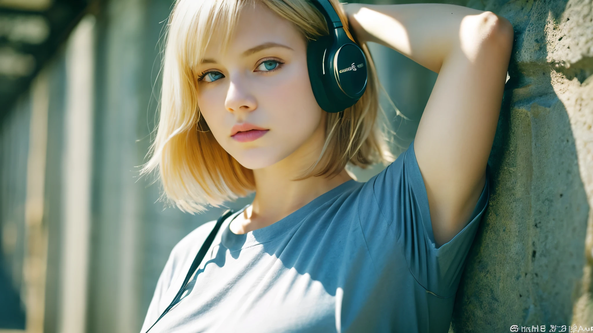 Beautiful blonde with big breasts in a T-shirt (wilderness、walk),Wearing headphones,Very detailed, 21 years old, Innocent face, Bob Hair, blue eyes, High resolution, masterpiece, Highest quality, Intricate details, Very detailed, Clear focus, Delicate skin, practical skin texture, texture, Delicate eyes, Professional, 4K, Sad face,despair、 Shot with Canon, 85mm, Shallow and deep, Kodak Vision Color, Exactly, Very detailed, photograph_\(Extremist\), photographpractical, practical, Post-processing, Maximum details, Roughness, Real Life, Extremist practical, Photorealism, photographgraphy, 8K Ultra HD, photographgraphy