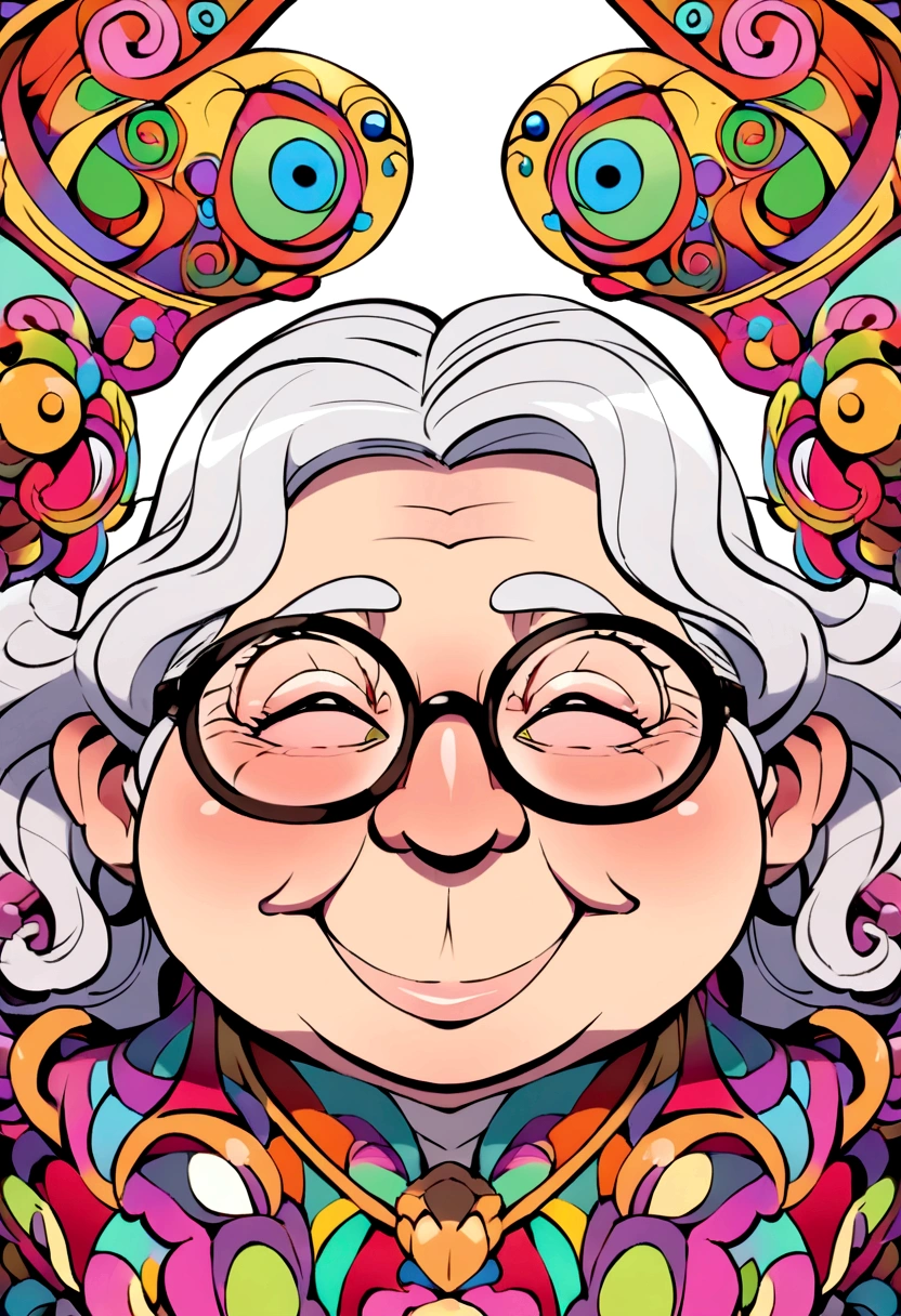 cartoony, wearing big, round glasses, chubby old lady, face focus,bust,attractive60Generation,smiling,Benevolent, warm,short wavy hair
