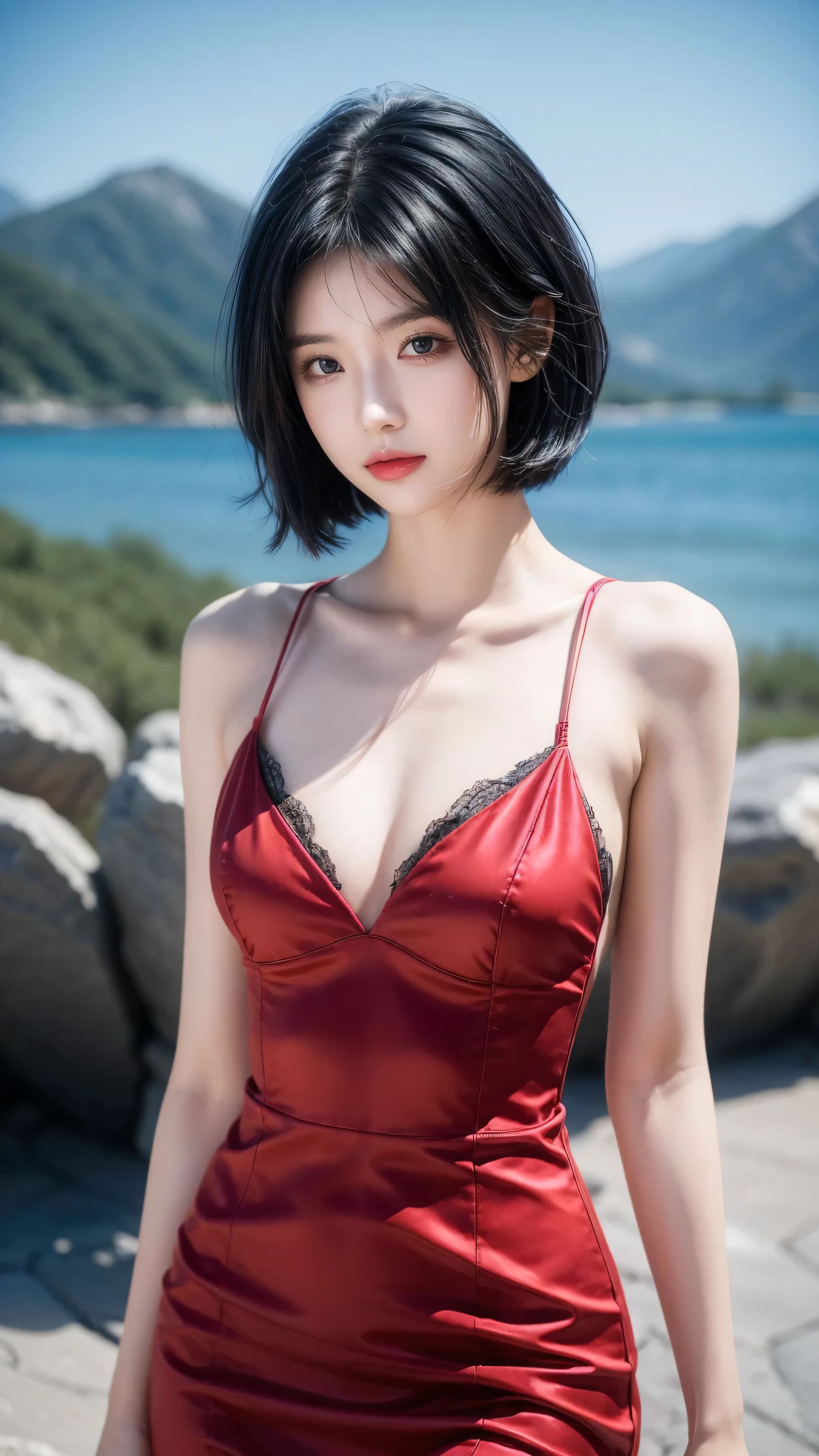 best quality, 1 Girl, dark blue hair, black eyes, Very short hair, Spiky hair, wears sweet red red dress body slim luxury,A cropped dress, 171 cm, Messy hair, Hair between the eyes, Tomboy, aldult, 20 years old, A sweet girl by the mountain