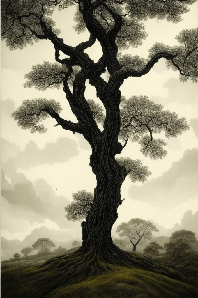 Nordic tree-shaped solitaire,Flat style, abstract artistic,Graphic design,symmetry, Math, Renaissance, Oil painting, 2D canvas, highly detailed, complex, Classic paint, Black monochrome, crystals, opulent, lap, gothic ornament, Graphic design