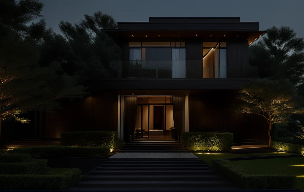 3D render of a beautiful house, Dark, gray tones, white wall. lumion render, night time render, insanely detailed rendering, realistic architecture, architectural visualization. The staircase leading into the house is tiled with black marble and has bright LED lights. Behind are hills and mountains with clear blue sky. The house with a large porch to sit and drink tea and LED lights, there is a large patio with a POOL, pine trees, grass, garden stones, roses, modernism, vivid and detailed, zen garden, lush garden surroundings, residential design, lush landscaping, dense with greenery, pristine and clean design, clean and pristine design. FLOWER GARDEN OF THE HOUSE WITH GREEN TREES AND LIGHTS. The main door is made of black aluminum and glass reaching up to the ceiling. Looking through the glass windows to look inside the house with luxurious interiors with luxurious and warm lights, interior lighting rendering and lighting effects. marble and wood and glass, dark and modern, luxcore render, taken with professional photography techniques, using a wide angle lens with bright natural light and high resolution details, in the style of professional photograph, hyper realistic, highly detailed.