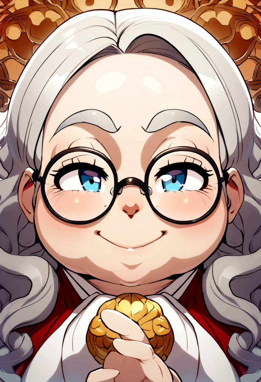 wearing big, round glasses, chubby old lady, face focus,bust,attractive60Generation,smiling,Benevolent, warm,short wavy hair